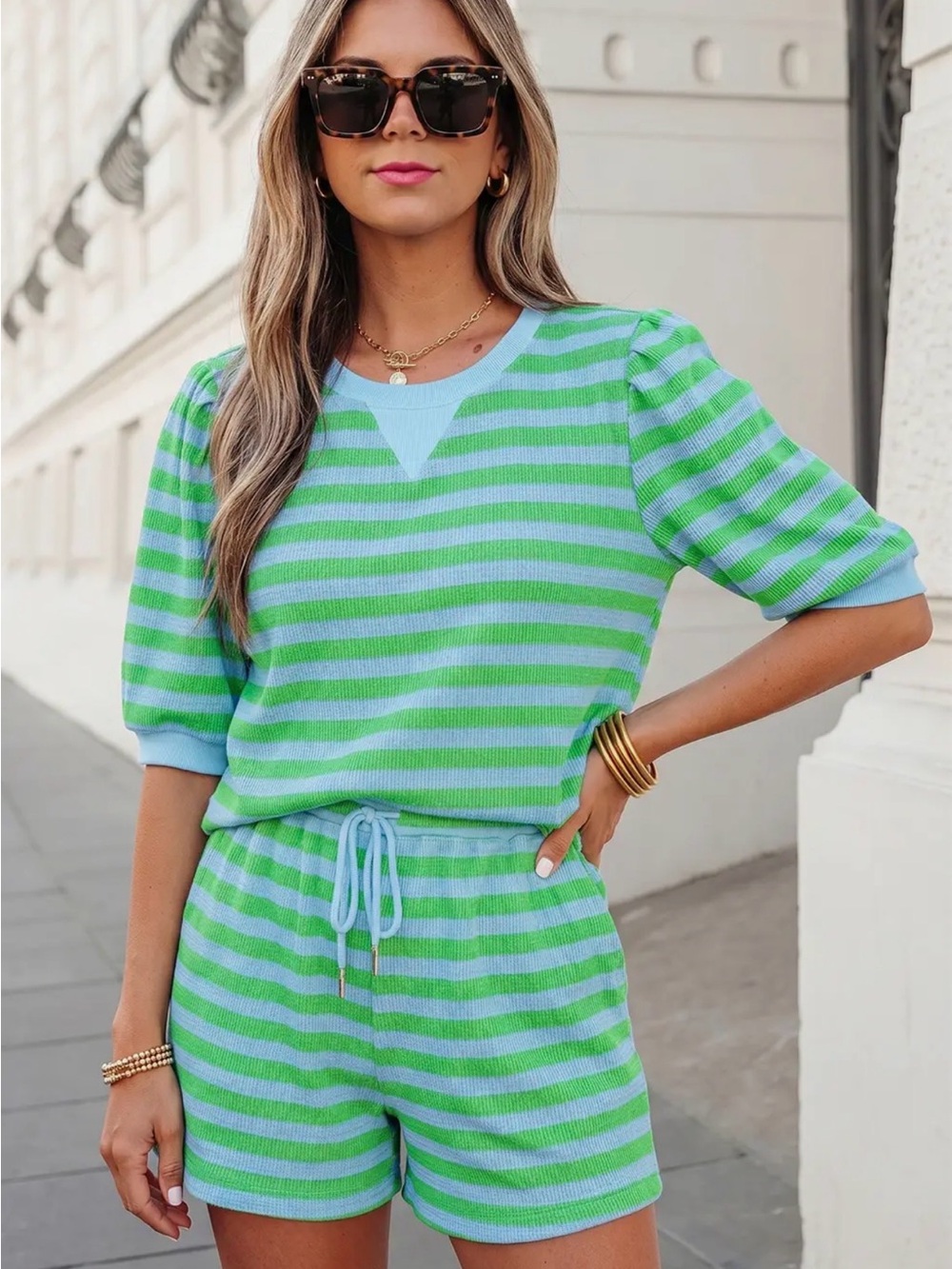 Green & Light Blue Striped Knit Short Set